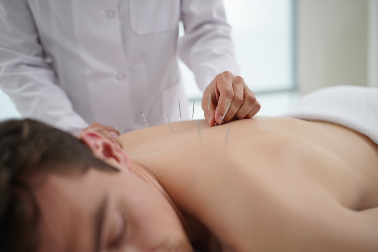 Мужчина на процедуре иглоукалывания